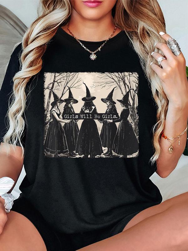 Women's Witch Print Round Neck Graphic Tee, Vintage Trendy Casual Short Sleeve T-shirt for Daily Wear, Ladies Summer Outfit Clean Goth Style, Clean Goth Style