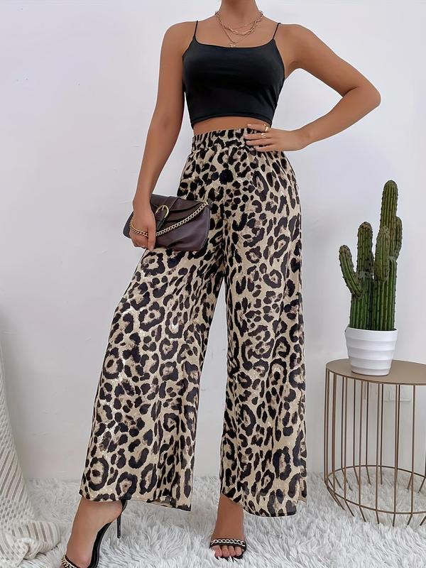 Women's Leopard Print Elastic Waist Wide Leg Pants, Casual High Waist Trousers, Ladies Bottoms for Daily Wear