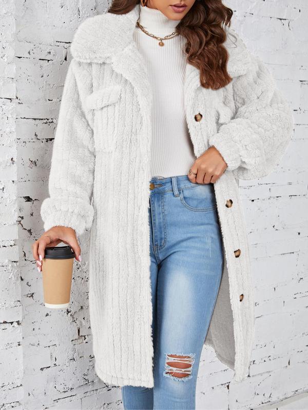 Women's Plain Textured Button Front Pocket Fuzzy Coat without Sweater & Necklace, Casual Bishop Sleeve Collared Plush Outerwear for Fall & Winter, Coats for Women, Basic Clothing for Daily Womenswear