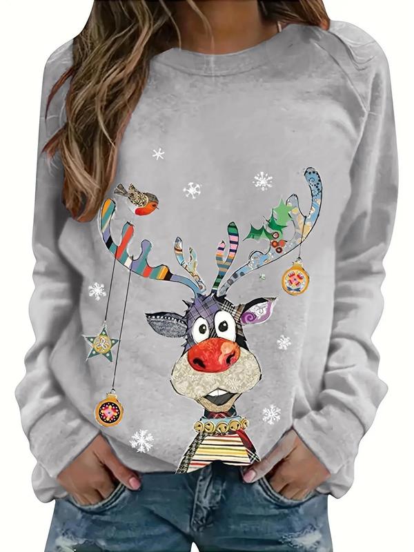 Plus Size Christmas Print Round Neck Sweatshirt, Casual Raglan Sleeve Crew Neck Pullover for Daily Wear, Women's Plus Clothing for Fall & Winter