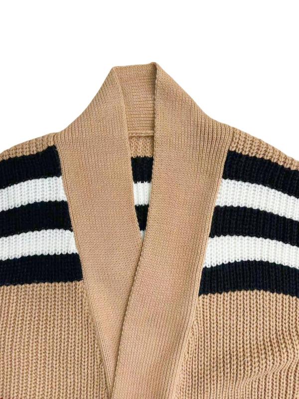  Striped Print Drop Shoulder Long Cardigan, Casual Long Sleeve Open Front Knitwear for Fall & Winter, Gift Set, Women's Plus Clothing for Daily Wear, Fall Outfits, Fallfreshness, Fall Women's Clothing, Fall Sweaters