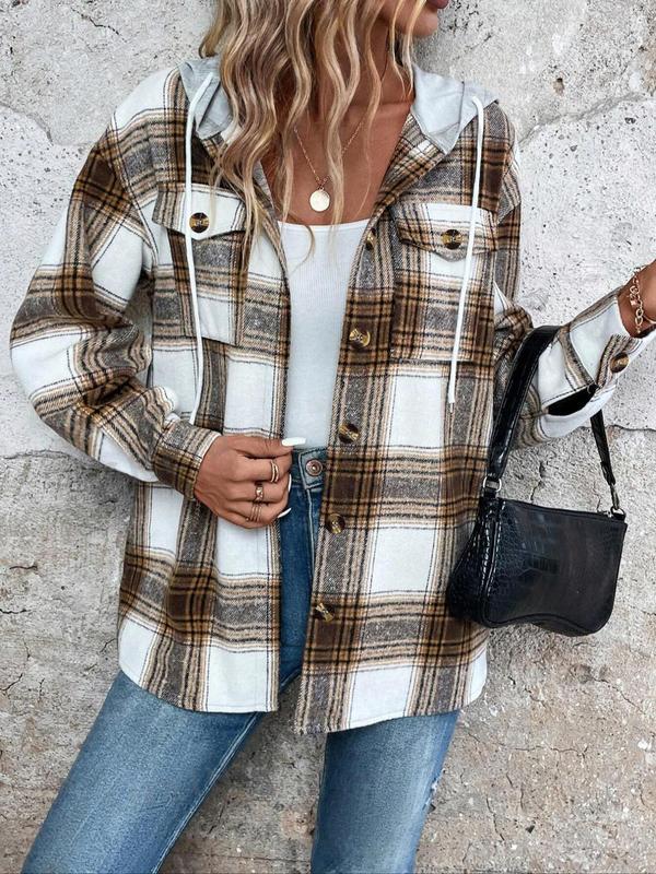 Women's Plaid Print Button Front Drawstring Hooded Shirt, Casual Long Sleeve Pocket Hooded Top for Fall & Winter, Women's Clothes for Daily Wear