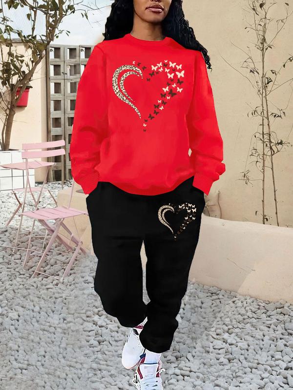 Women's Butterfly Heart Print Sweatshirt & Pocket Sweatpants Set, Casual Round Neck Long Sleeve Pullover & Jogger Pants, Women's Fall & Winter Outfits