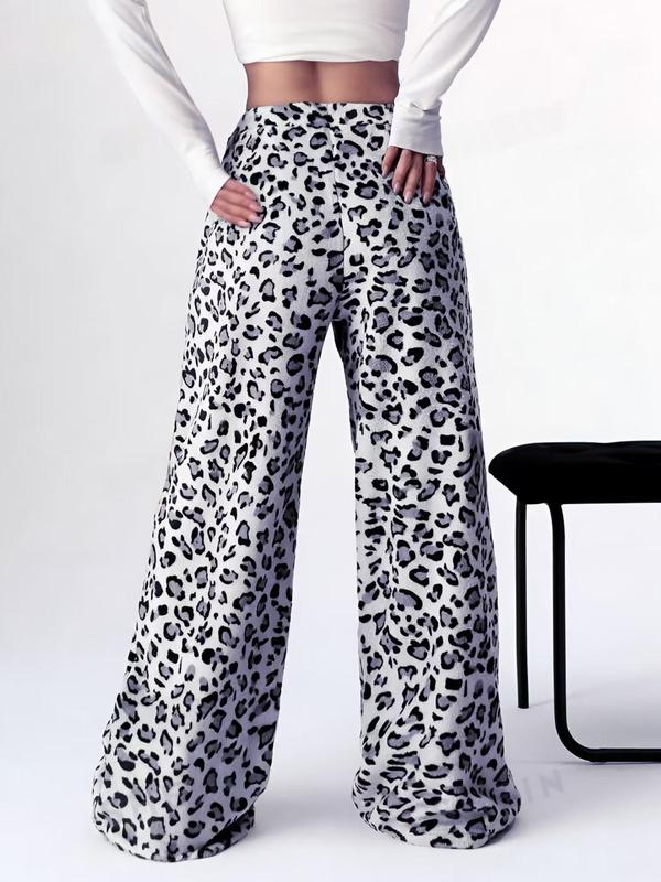 Women's Leopard Print Drawstring Waist Wide Leg Pants, Casual Comfy Straight Leg Fuzzy Trousers for Daily Wear, Ladies Bottoms for Fall & Winter