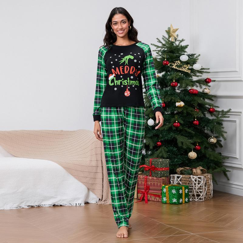 Christmas Pajamas for Family Long Sleeve Snowflake Cartoon Print Tops + Trousers Set Holiday Sleepwear Clothing Womenswear