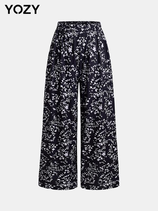 YOZY [5 Colors] Boho All Over Print Pocket Wide Leg Pants, Casual Elastic Waist Trousers, 2024 Women's Daily Outfits for Summer & Fall