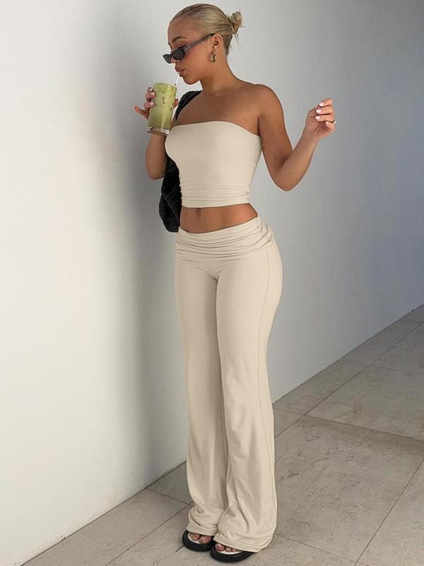 Two-Piece Set Women's Solid Crop Tube Top & Foldover Waist Flare Leg Pants, Casual Fashion Cozy Outfits for Daily Outdoor Wear, Ladies Clothes for Summer