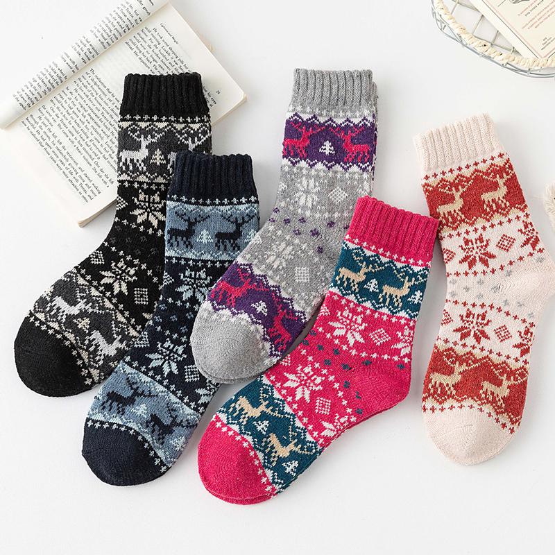 （5 pairs）Christmas Deer Retro Mid-Tube Warm Rabbit Wool Socks