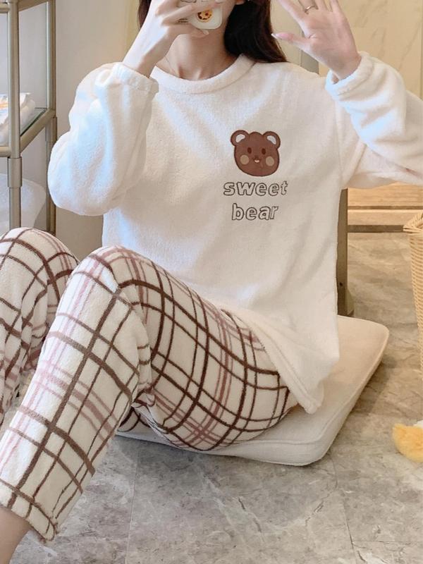 Two-Piece Set Women's Flannel Loungewear Set, Cute Cartoon Bear Embroideried Top & Plaid Print Pants, Kawaii Pyjama Set for Women