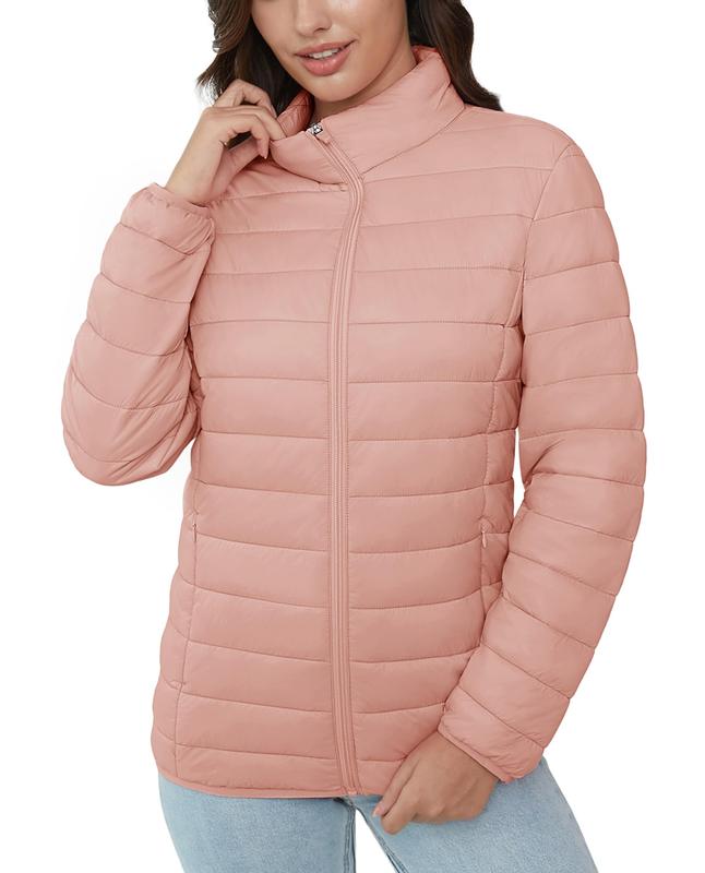 Women's Puffer Jacket Lightweight Quilted Padded 4 Pockets Zip-up Stand-collar Winter Fleece Coat