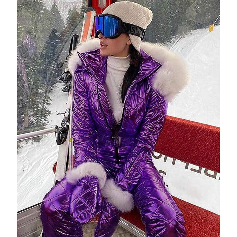 Fisoew Women Winter One Piece Ski Suit Fur Collar coat Ski Jumpsuit Snowsuit