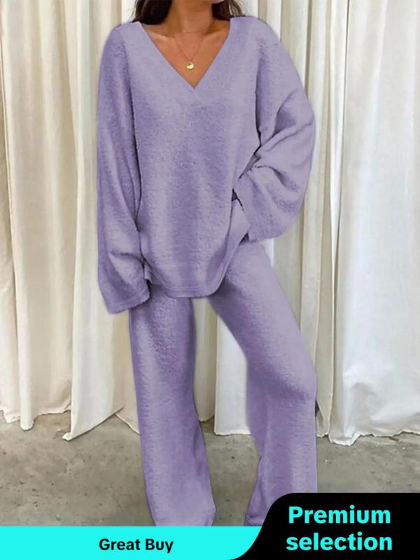 Women's Solid Color Drop Shoulder V Neck Sleep Top & Pants Plush Pyjama Two-Piece Set, Fluffy Pajamas, Casual Comfy Long Sleeve Top & Trousers PJ Set, Women's Sleepwear for Fall & Winter, Stockholm Wear Style Women in Sweden, Boston Clogs Outfits