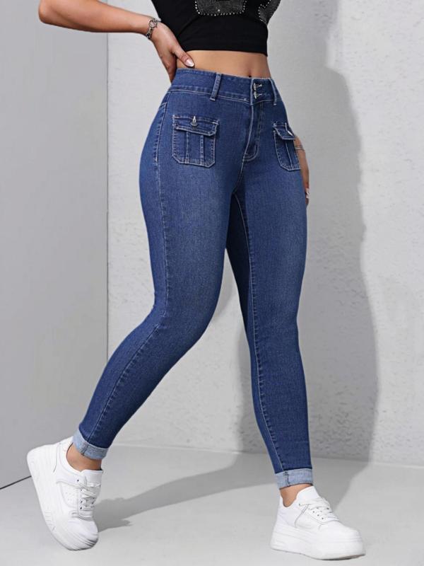 Women's Plain Button Fly Skinny Jeans, Casual Pocket Design Denim Pants for Daily Wear, Ladies Bottoms for Fall & Winter