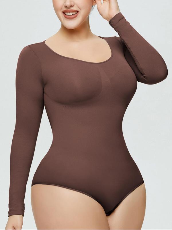 Women's Minimalist Solid Scoop Neck Bodysuit, Casual Long Sleeve Seamless Bodysuit for Daily Wear, Women's Shapewear for Spring & Fall