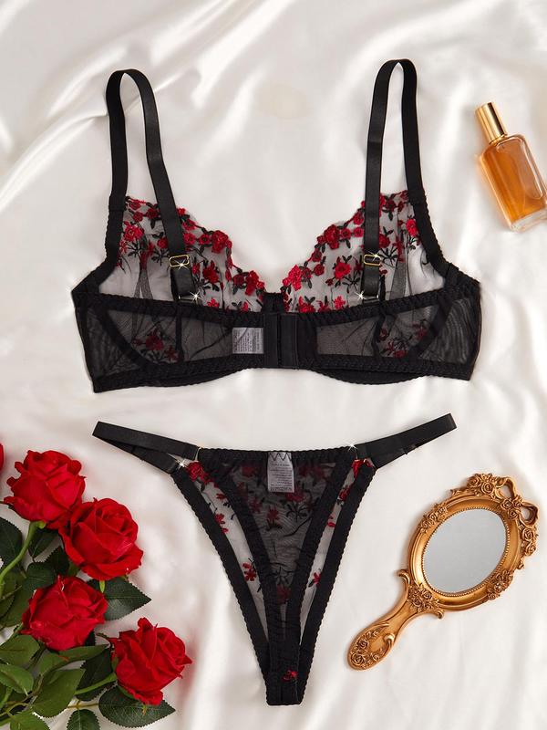  Ditsy Floral Embroidery Sheer Lingerie Two-Piece Set, Adjustable Strap Push Up Bra & Thong Set, Women's Lingerie Set for All Seasons