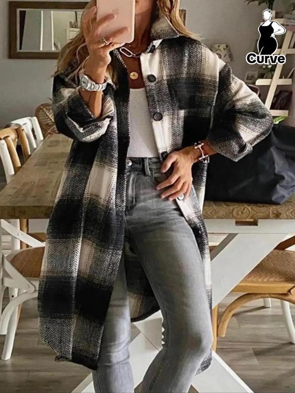 Plaid Print Button Front Drop Shoulder Midi Coat, Casual Pocket Three Quarter Length Sleeve Collared Outerwear for Fall & Winter, Women's Clothes for Daily Wear