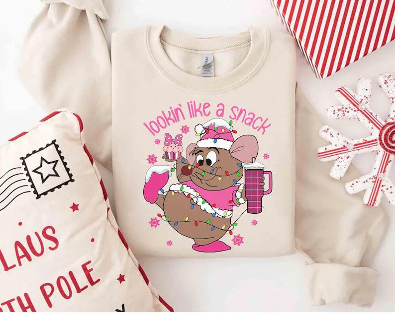 Santa Gus Gus Mouse Pink Christmas Light Sweatshirt, Cute Christmas Crewneck, Family Christmas Sweater, Merry Xmas Party Family Holiday Tee