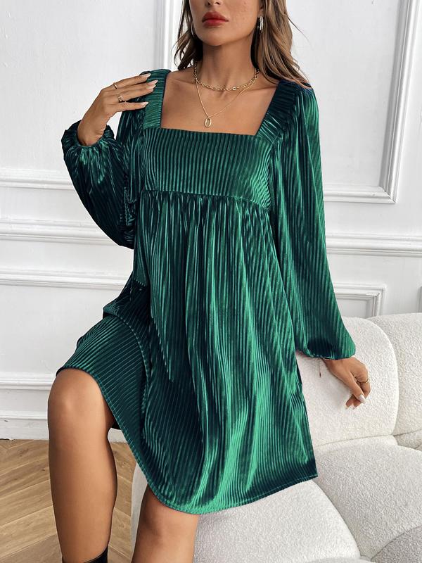 Women's Textured Backless Velvet Smock Dress, Elegant Bishop Sleeve Tie Back Square Neck Short Dress for Party Holiday Wedding Guest, Ladies Spring & Fall Clothes