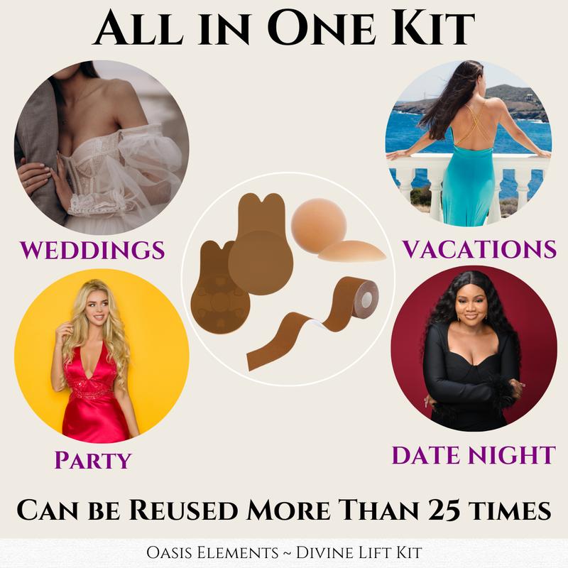 Divine Lift Kit - REUSABLE Sticky Bunny Bra with Boobtape and REUSABLE Silicone Nipple Covers - Breasts Coverage A-G Cup in Brown - Ultimate Breast Lift Set  -Portable Travel Bag outfit enhancer Invisible Push-Up Skin  Waterproof