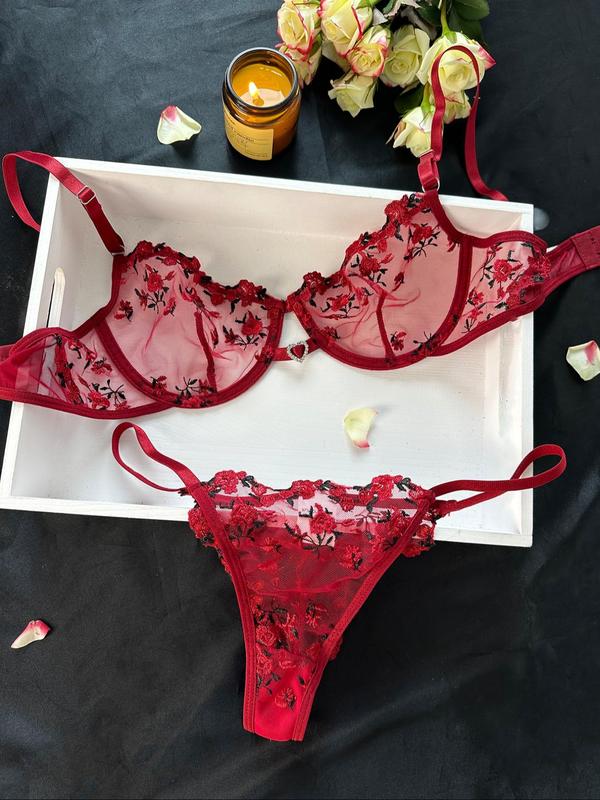 Women's Embroidered Sheer Sexy Lingerie Set, Romantic Adjustable Strap Bra & Thong, Summer Wear 2024, Women Sexy Lingerie, Underwear Sets, Bridal Underwear