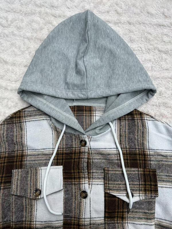 Women's Plaid Print Button Front Drawstring Hooded Shirt, Casual Long Sleeve Pocket Hooded Top for Fall & Winter, Women's Clothes for Daily Wear