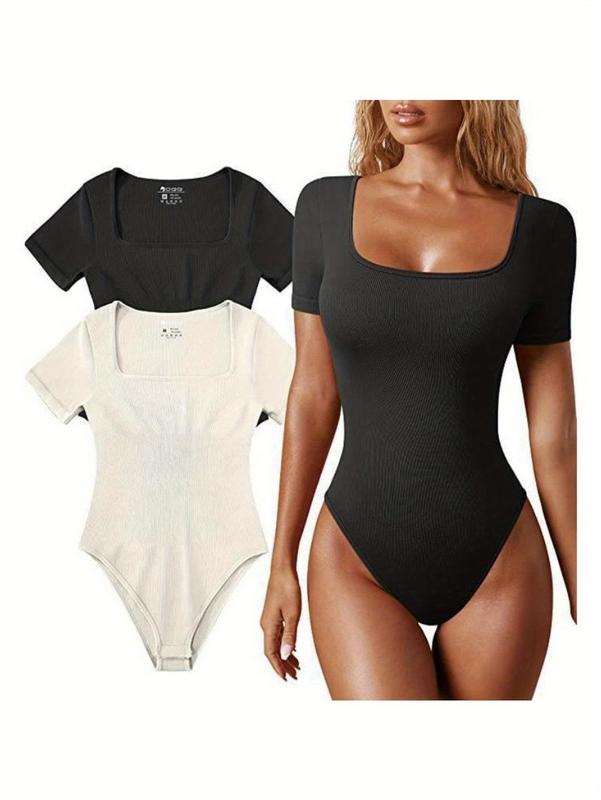 Women's Bodysuits Sexy Ribbed Square Neck Short Sleeve Bodysuits