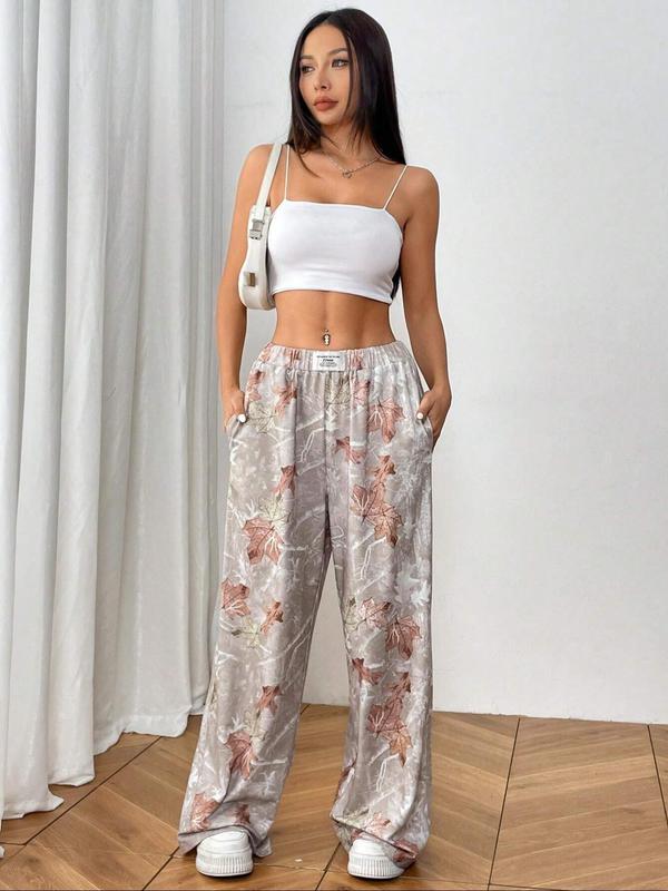 Women's Leaf Print Patched Pocket Wide Leg Pants, Casual Comfy Trousers for Daily Wear, Ladies Bottoms for All Seasons