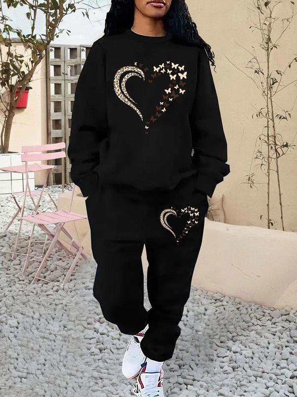 Women's Butterfly Heart Print Sweatshirt & Pocket Sweatpants Set, Casual Round Neck Long Sleeve Pullover & Jogger Pants, Women's Fall & Winter Outfits