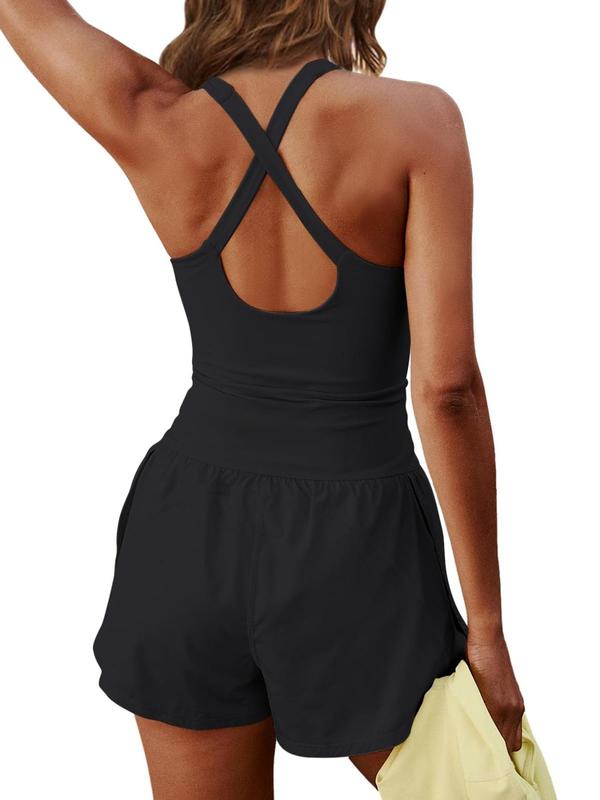 Women's Plain Criss Cross Cut Out Backless Tank Romper, Casual Sleeveless Romper for Summer, Ladies Clothes for Daily Wear