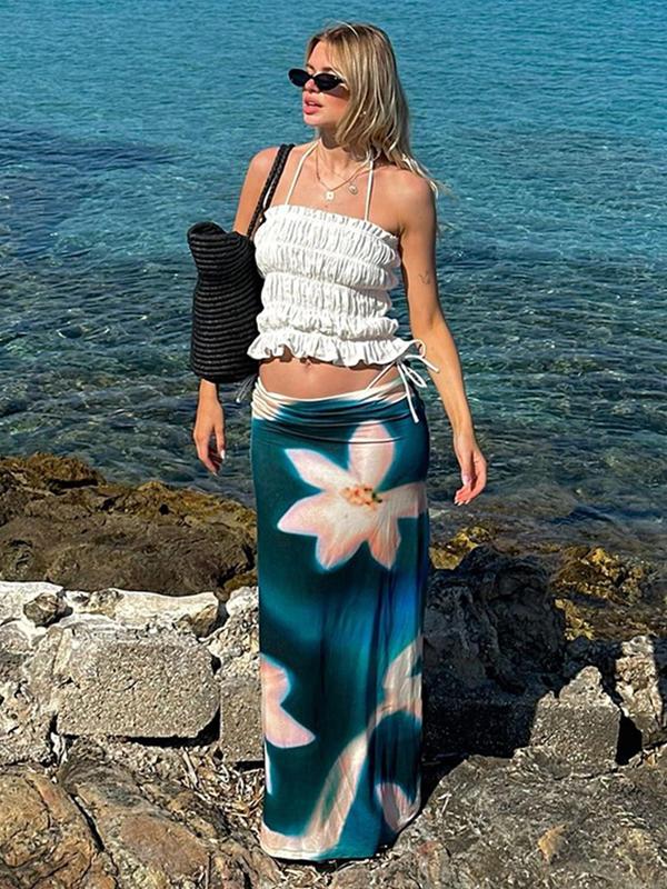 Women's Floral Print Drop Waist Skirt, Elegant Fashion Long Skirt for Beach Holiday Vacation, Ladies Summer Clothes