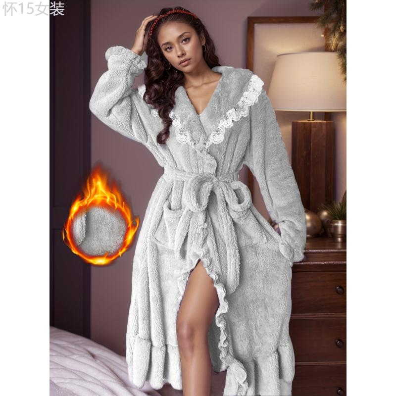 Elegant Solid Lace Trim Fleece Thickened Night Robe For Fall & Winter, Flounce Sleeve Shawl Collar Ruffle Hem Robe With Belt, Women's Sleepwear & Dresses Fabric Womenswear bridal robes Gowns bridal robes Loungewear