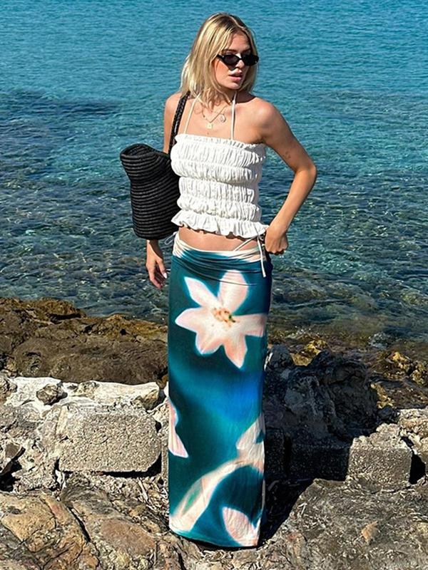 Women's Floral Print Drop Waist Skirt, Elegant Fashion Long Skirt for Beach Holiday Vacation, Ladies Summer Clothes