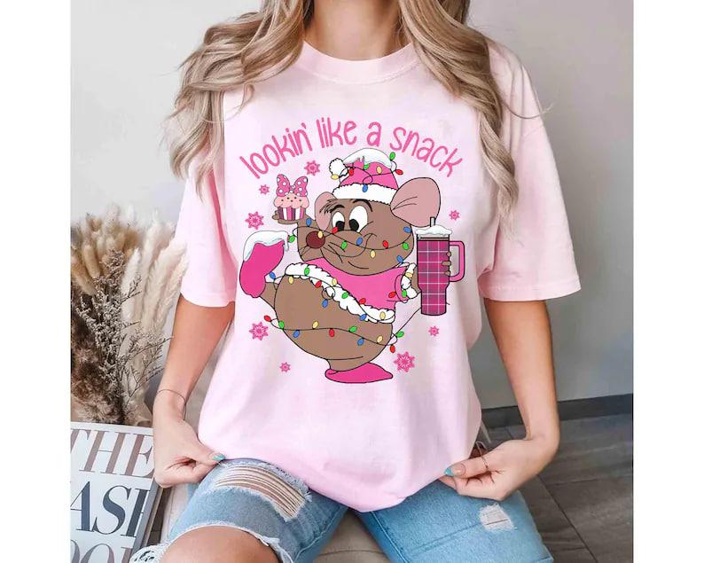 Santa Gus Gus Mouse Pink Christmas Light Sweatshirt, Cute Christmas Crewneck, Family Christmas Sweater, Merry Xmas Party Family Holiday Tee