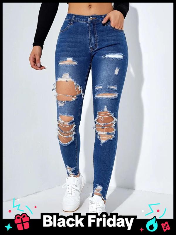  Ripped Button Fly Skinny Jeans, Casual Comfy Pocket Denim Pants for Daily Wear, Women's Bottoms for All Seasons