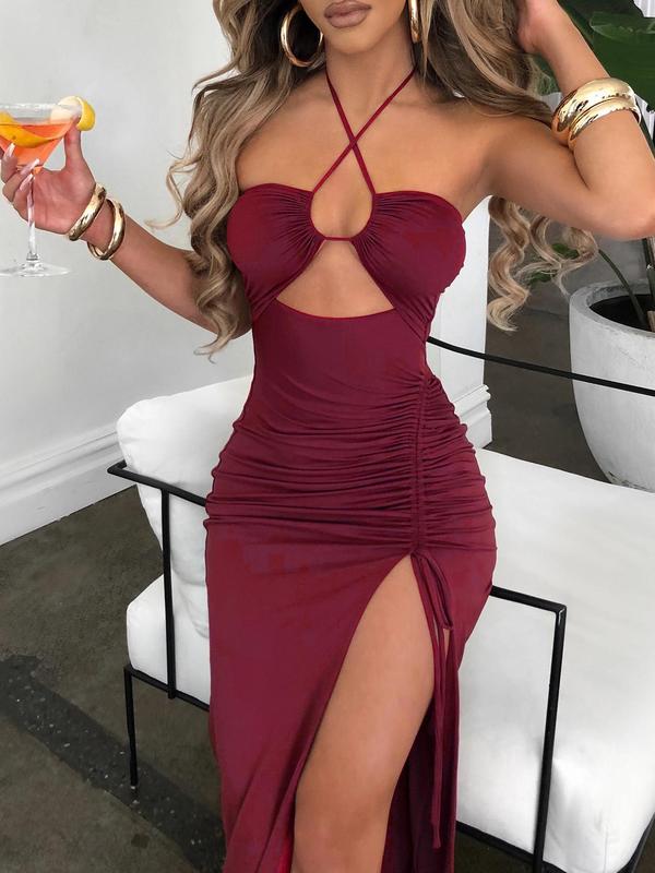 Women's Plain Split Thigh Drawstring Ruched Bodycon Cami Dress, Elegant Cut Out Halter Neck Back To School Long Dress for Party Club Dating Wear, Ladies Summer Clothes