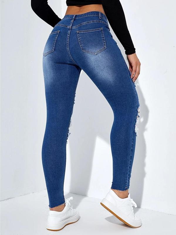  Ripped Button Fly Skinny Jeans, Casual Comfy Pocket Denim Pants for Daily Wear, Women's Bottoms for All Seasons