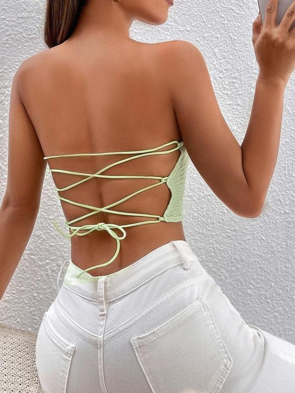 Women's Textured Asymmetrical Lace Up Crop Tube Top, Tube Tops, Solid Hanky Hem Backless Strapless Top for Summer, Fashion Women's Tube Tops for Daily Wear