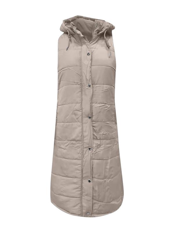 Women's Solid Button Front Drawstring Quilted Hooded Vest Coat, Casual Sleeveless Pocket Zipper Outerwear for Fall & Winter, Women's Clothing for Daily Wear