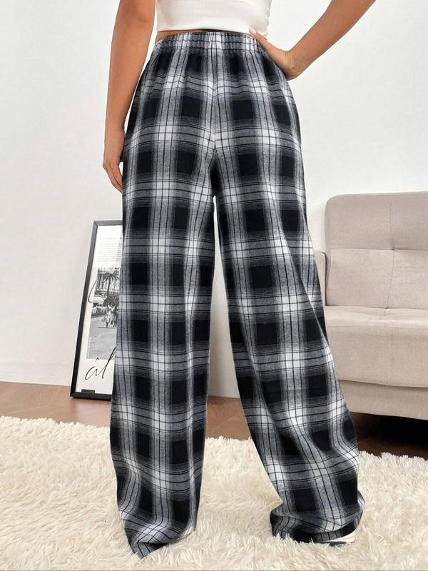 Women's Plaid Print Drawstring Waist Wide Leg Pants, Casual Comfy Elastic Waist Trousers for Daily Wear, Ladies Bottoms for All Seasons