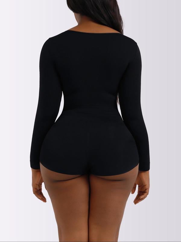 Women's Minimalist Solid Scoop Neck Bodysuit, Casual Long Sleeve Seamless Bodysuit for Daily Wear, Women's Shapewear for Spring & Fall