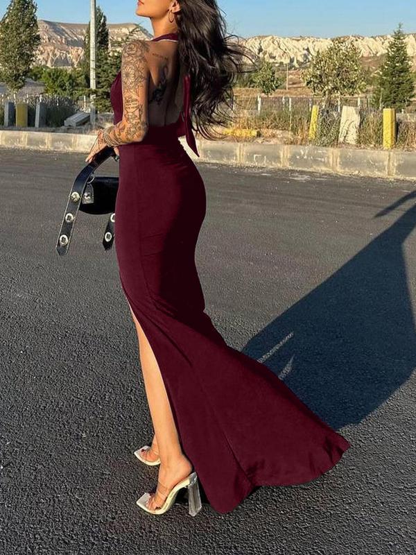 Women's Solid Backless Split Thigh Tie Back Mermaid Dress, Elegant Halter Neck Maxi Dress for Evening Party, Ladies Summer Clothes