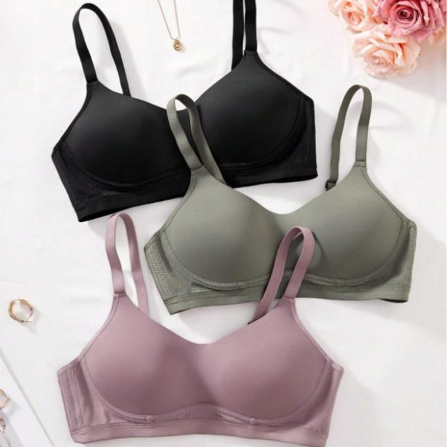 3PCS Lady's Comfortable Casual Wireless Soft Cup Solid Underwear Bra, Lingerie