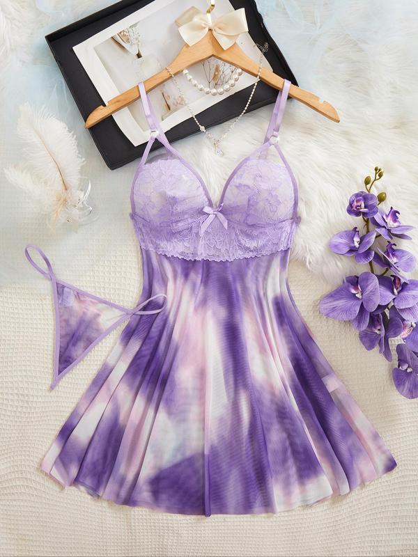 Women's Tie Dye Print Bow Decor Cami Nightdress & Thong Sexy Sleepwear Two-piece Set, V Neck Contrast Lace Sleeveless Design Nightgown & Panty, Ladies Sleepwear for All Seasons