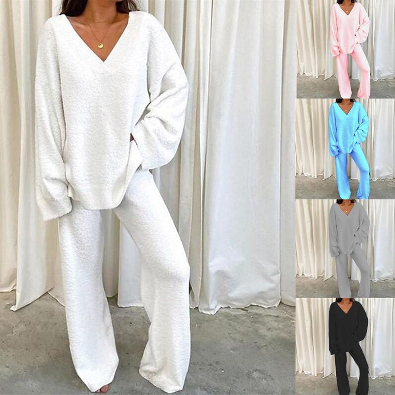 2024 Winter Comfortable Solid Color V-neck Casual Daily Home Warm Two-Piece Suit Loungewear Pajama