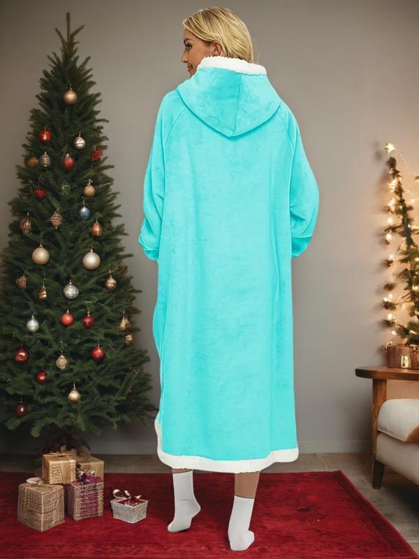 Women's Colorblock Drop Shoulder Pocket Hooded Lounge Robe, Casual Long Sleeve Open Front Fuzzy Robe for Fall & Winter, Women's Sleepwear for Indoor Wear