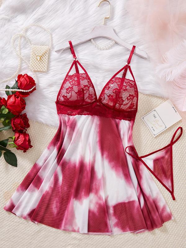 Women's Tie Dye Print Bow Decor Cami Nightdress & Thong Sexy Sleepwear Two-piece Set, V Neck Contrast Lace Sleeveless Design Nightgown & Panty, Ladies Sleepwear for All Seasons