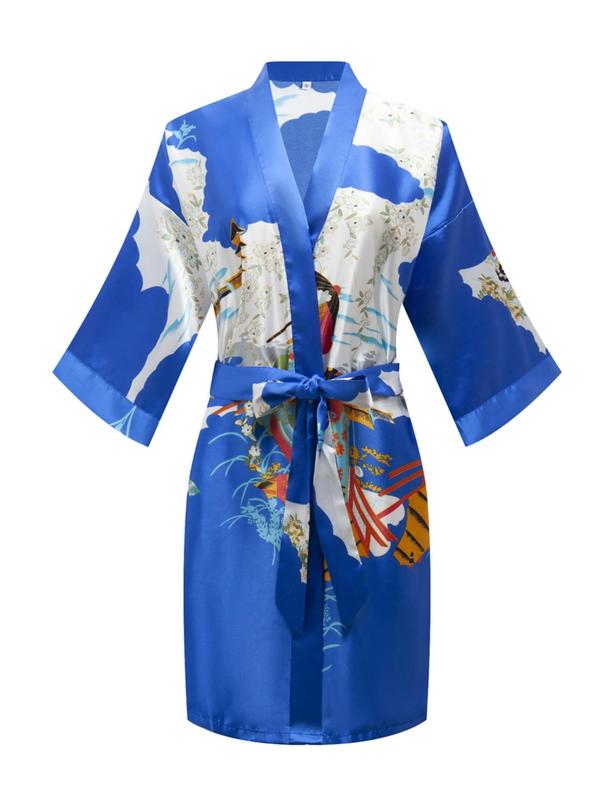 Women's Japanese Figure & Floral Print Belted Satin Kimono Robe, Casual 3 4 Sleeve V Neck Dressing Gown, Ladies Loungewear for All Seasons, Girly Night Clothes