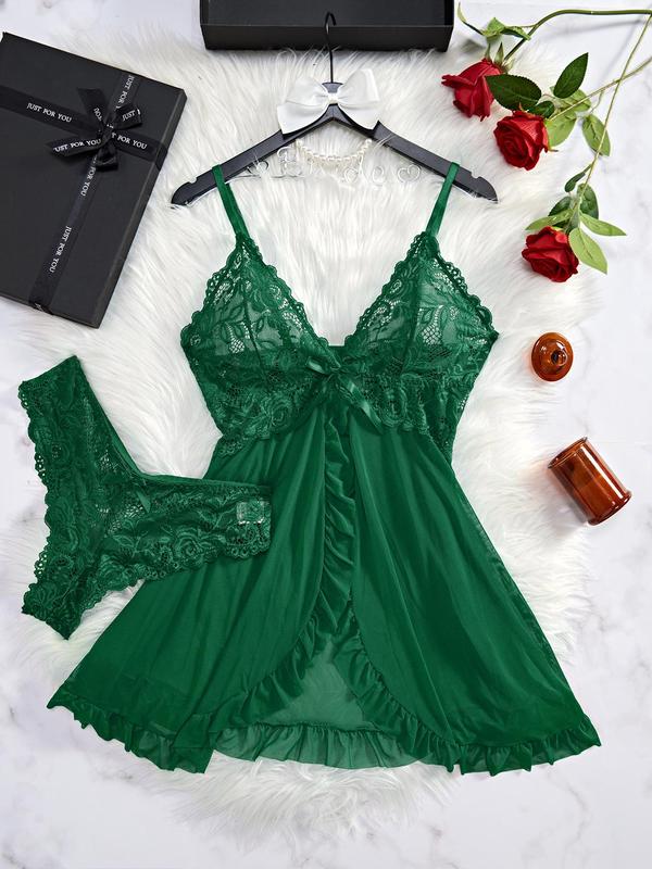 Women's Bow Decor Wrap Sheer Lace Ruffle Trim Cami Nightdress & Thong Sexy Lingerie Set, Adjustable Spaghetti Strap Cut Out Contrast Mesh Nighty Dress & Thong Set, Fall Clothes, Ladies Sleepwear Set for All Seasons