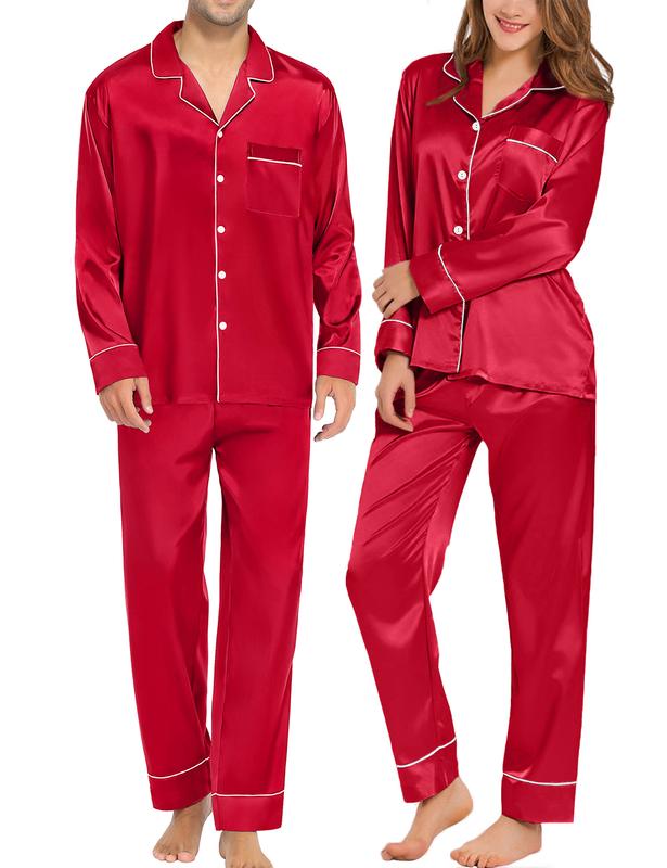 SWOMOG Couples Matching Pajamas Sets Silk Satin Long Sleeve Button Down Sleepwear 2 Pieces Classic Loungewear Pjs Womenswear