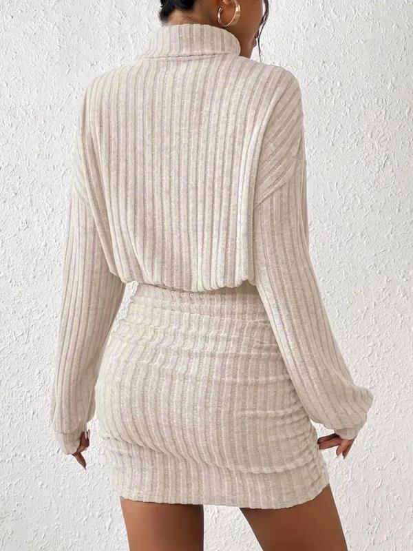 Women's Plain Drop Shoulder Turtleneck Ribbed Dress, Elegant Long Sleeve Short Dress for Fall & Winter, Women's Clothing for Daily Wear